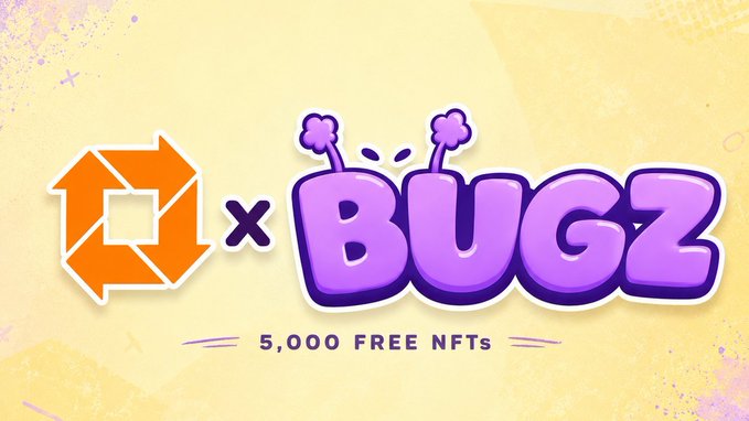 Promotional banner for a collaboration offering 5,000 free BUGZ NFTs, featuring the Bugz logo alongside an orange geometric symbol.