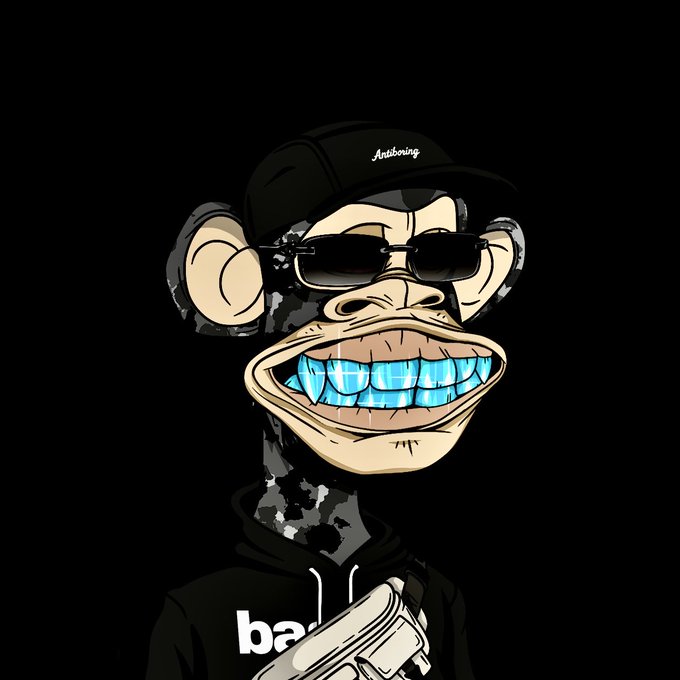 A stylized cartoon illustration of a monkey wearing a black cap labeled "Antiboring," dark sunglasses, and a black hoodie, grinning widely to reveal bright turquoise teeth against a black background.
