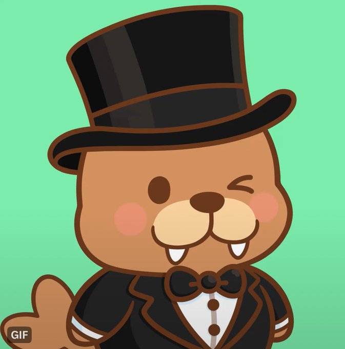 An animated GIF of a cheerful brown beaver wearing a black top hat and tuxedo with a bow tie, winking and smiling on a green background.