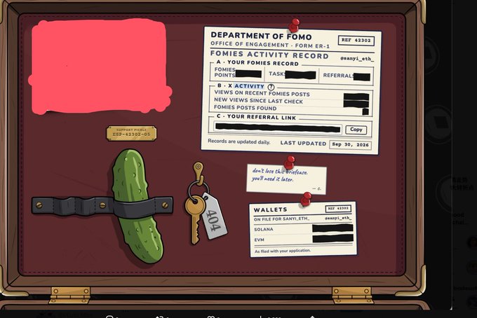 A wooden briefcase displays a Department of Fomo "Fomies Activity Record" from the Office of Engagement-Form ER-1, dated Sep 30, 2026, showing a Fomies Record and Referral Link (REF 42302) for Fomies posts, alongside a green cactus strapped down with a leather belt, a key labeled "FOMIE," a handwritten note reading "don't dive into fomo. you'll need it later," and a wallets card (REF 42302) listing Solana and EVM. This image showcases the playful branding of the @FomiesNFT NFT project, reinforcing the post's praise for thoughtful, creatively crafted NFT projects.