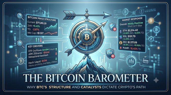 An infographic titled 'THE BITCOIN BAROMETER: WHY BTC'S STRUCTURE AND CATALYSTS DICTATE CRYPTO'S PATH,' showing Bitcoin price data ($77,265.20), key drivers including ETF outflows and APX 215shares, and market response figures for ETH, SOL, ZEC, and PUMP.