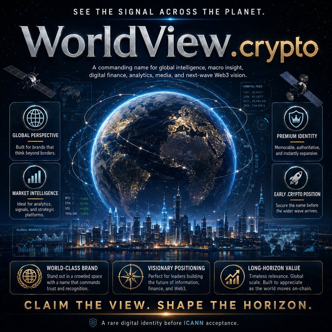 A promotional graphic for the 'WorldView.crypto' domain, featuring an Earth globe with satellites and marketing text describing it as a 'commanding name for global intelligence, macro insight, digital finance, analytics, media, and next-wave Web3 vision.'