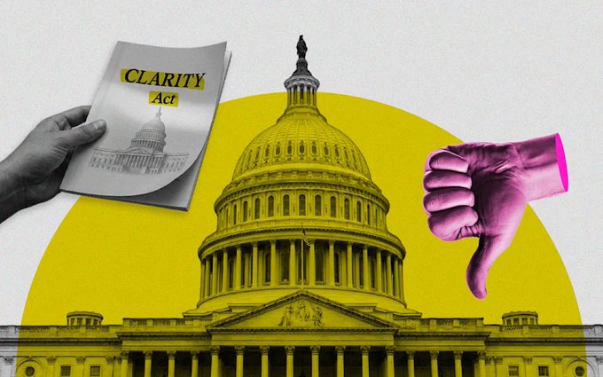 A collage-style image showing the U.S. Capitol building in yellow tones, with a hand holding a 'CLARITY Act' document on the left and a pink thumbs-down gesture on the right.