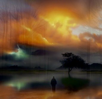 A moody, atmospheric digital artwork or photo of a lone figure standing in shallow water beneath a dramatic, fiery sunset sky with dark clouds and silhouetted trees.