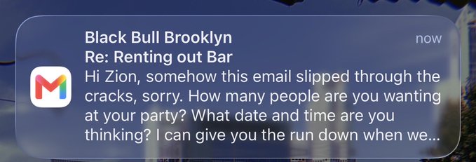 A smartphone notification from Gmail showing an email from 'Black Bull Brooklyn' with subject 'Re: Renting out Bar', asking about party details.
