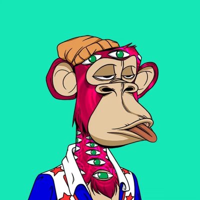 A cartoon illustration of a pink Bored Ape-style NFT character with green eyes, wearing an orange beanie and a blue jacket with star patterns.