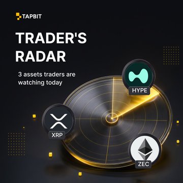 A graphic titled 'TRADER'S RADAR' with the subtitle '3 assets traders are watching today,' featuring a radar display highlighting cryptocurrencies XRP, HYPE, and ZEC.