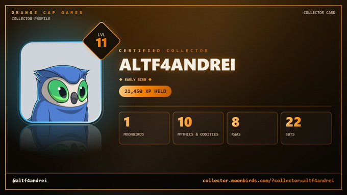 An Orange Cap Games collector profile card shows 'ALTF4ANDREI' as a Level 11 Certified Collector (Early Birds) with 21,450 XP held, displaying 1 MoonBirds, 10 Mythics & Oddities, 8 RMAs, and 22 SBTs.