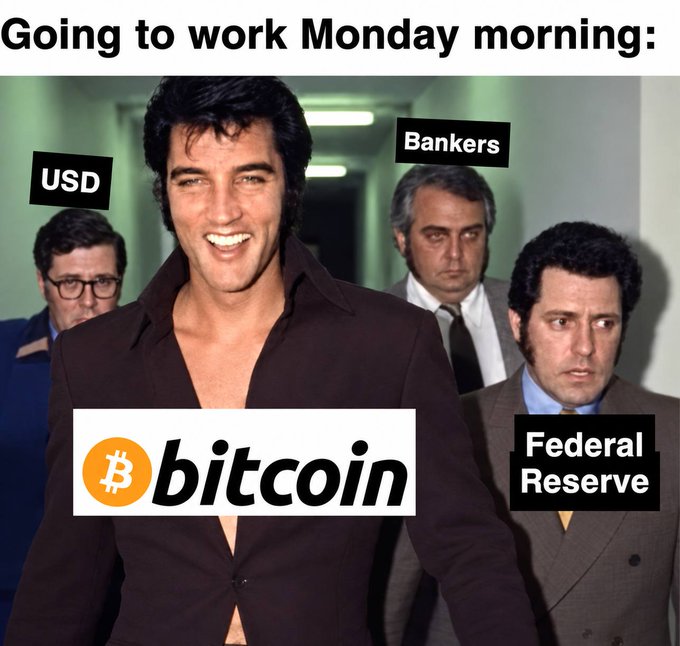 A meme captioned 'Going to work Monday morning:' showing a smiling man in a brown shirt labeled 'bitcoin', followed by worried men behind him labeled 'USD', 'Bankers', and 'Federal Reserve'.