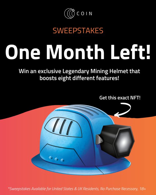 The image features a blue helmet with a camera attached, which appears to be an exclusive Legendary Mining Helmet that can boost eight different COIN features. The text of the post suggests that you still have time to win this Legendary Mining Helmet by entering a code or completing some form of action related to the helmet.!