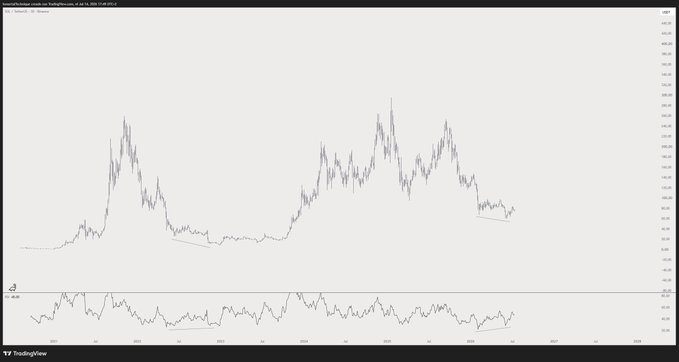 A TradingView chart of Solana ($SOL) shows a massive price rally with two prominent peaks, one reaching around $210 in early 2024 and another higher spike near $260, followed by a significant pullback. The post humorously frames the crypto trader's pleasant surprise at seeing SOL's strong bullish price action after stepping away from their pool swim.