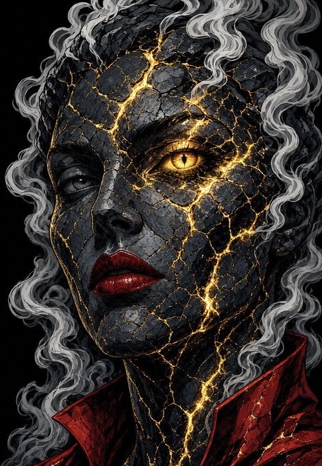 A dark, fantasy digital artwork depicting a cracked obsidian visage with glowing golden cracks revealing one yellow reptilian eye, red lips, flowing white smoke-like hair, and a red garment collar against a black background.