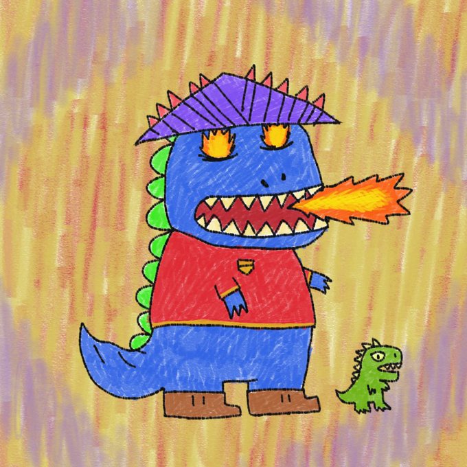 A cartoon blue dinosaur wearing a red shirt and purple spiky hat breathes fire while a tiny green dinosaur watches nearby, fitting the playful "Good Morning NFTs" greeting with its whimsical, childlike style.