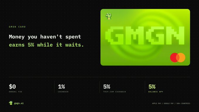 Advertisement for the GMGN Card featuring a green pixel-art style card design with "GMGN" text, promoting 5% APY on unspent balances, $0 annual fee, 1% cashback, and 5% trip.com cashback, with availability through Apple Pay, Google Pay, and 100+ countries.