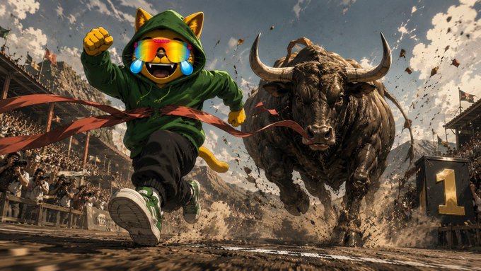 A dynamic digital illustration of a cartoon cat wearing a green hoodie and reflective sunglasses running alongside a charging bull through an arena, breaking a finish line ribbon with a "1" podium visible.