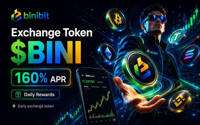 A promotional graphic for the binibit exchange token ($BINI) featuring a man holding glowing crypto coins, advertising 160% APR and daily rewards.