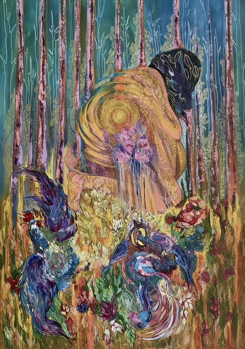 A vibrant, colorful painting depicting a nude figure with golden, swirling hair embracing a dark-headed figure amid a lush forest of tall trees and abundant flowers, with a blue creature visible on the left side.