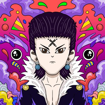A colorful, psychedelic-style illustration of a stern-looking anime or manga character with dark spiky hair, an X mark on his forehead, and a black and white fur-trimmed outfit against a vibrant patterned background.