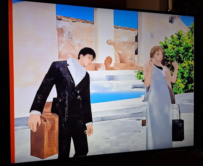 A digital painting displayed on a screen depicts a man in a dark suit and a woman in a light dress, both holding suitcases and walking in opposite directions against a sunlit Mediterranean-style backdrop, illustrating the "Bonfire of the Vanities" series acquired through objkt.com.