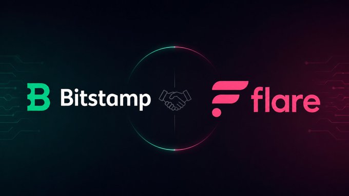 A graphic showing the Bitstamp logo on the left and the Flare logo on the right, separated by a handshake icon within a glowing circle, indicating a partnership between the two cryptocurrency companies.