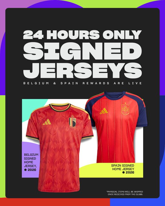 Promotional graphic announcing a 24-hour-only reward featuring signed home jerseys from the Belgium and Spain national teams for 2026, available through the Socios app with the disclaimer that physical items ship once received from the clubs.