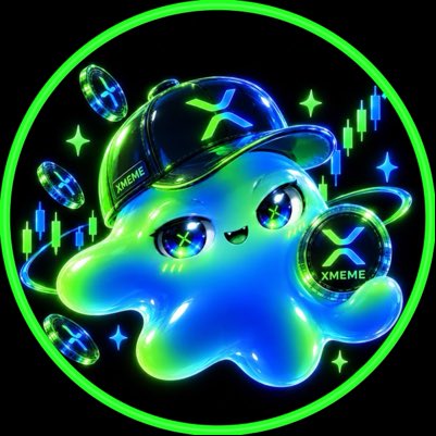 A digital illustration of a shiny blue cartoon character wearing a black cap with an 'X' on it, surrounded by 'XMEME' coins and stock market candlestick charts.