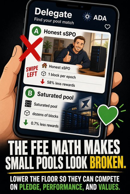 An infographic designed like a dating app profile on a smartphone, comparing 'Honest sSPO' (swipe left, 58% less rewards) with 'Saturated pool' (swipe right, 0.7% less rewards), with the caption 'THE FEE MATH MAKES SMALL POOLS LOOK BROKEN.' and 'LOWER THE FLOOR SO THEY CAN COMPETE ON PLEDGE, PERFORMANCE, AND VALUES.'