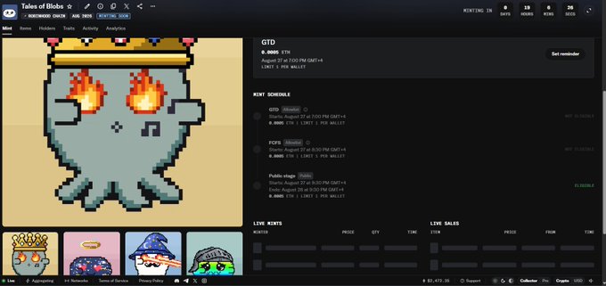 The image shows the Tales of Blobs NFT checker interface on OpenSea, displaying a pixel-art ghost-like character with a crown and flaming eyes, with details like "GID 0.0001 ETH" and mint dates of August 27 at 8:30 PM GMT+8, 4,660 supply, and 3,150 limit per wallet. This relates to the post by promoting the launch of the Tales of Blobs NFT collection on the Robinhood Chain, inviting users to check their minting status and prepare for the drop.