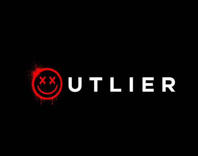 The image features a meme with a red smiley face, which has been altered by splatter paint to resemble a skull or a bloodied face. The text "Outlier" is written above this altered face. The caption below the image reads "This is a fresh Solana meme coin on pump.fun with a strong outliers create the next big thing vibe".