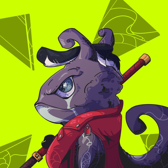 A digital illustration of a purple dragon-like character with blue eyes wearing a red hooded cloak against a bright green geometric background.