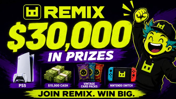 The image features an advertisement for a game called "@remixgg". The poster includes a cartoon character wearing a black hoodie, holding up their fist with both hands raised, and has a large yellow number "30,000" written above them. Below this figure is a list of items that can be purchased from the game, including a Nintendo Switch, PS5, Nintendo Switch, and various card packs. The text in the image suggests that there's an opportunity to win big by playing the game.