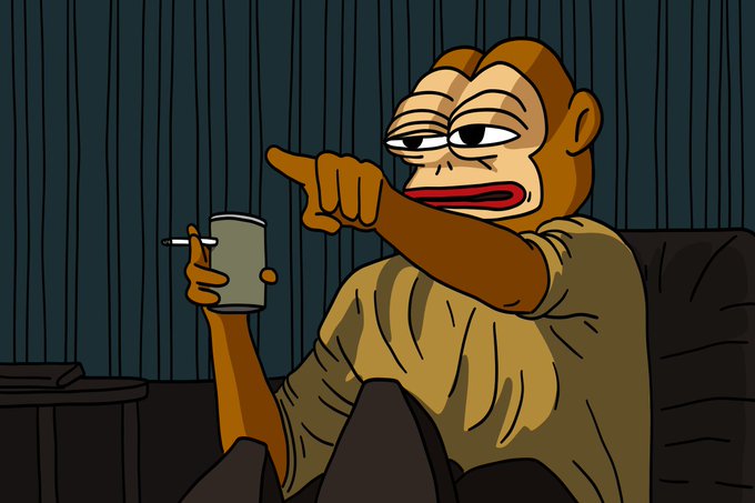 A cartoon monkey wearing a tan sweater sits on a dark couch, pointing to the side while holding a cigarette and a can, with a book on a small table beside it.