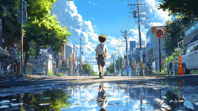 An anime-style illustration of a boy walking down a wet city street with puddles reflecting the bright blue sky and clouds above.