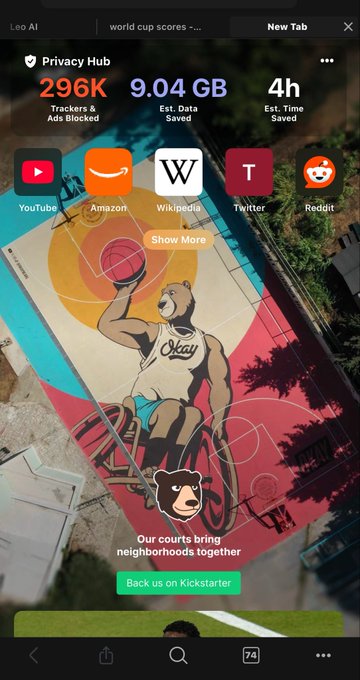 Brave browser's Privacy Hub new tab page showing 296K trackers blocked, 9.04 GB data saved, and a 4h time saved counter, featuring a basketball court mural with a bear mascot.