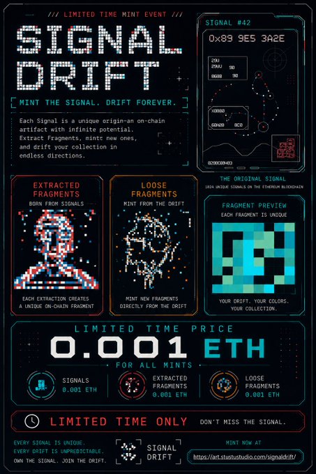 A pixelated retro-futuristic NFT mint event poster for "SIGNAL DRIFT" priced at 0.001 ETH, advertising extracted fragments and pixel art previews.