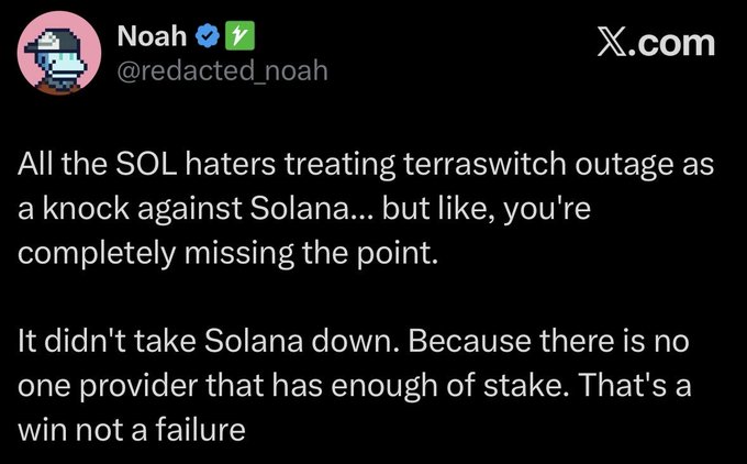 A tweet from Noah (@redacted_noah) arguing against SOL critics, stating: 'All the SOL haters treating terraswitch outage as a knock against Solana... but like, you're completely missing the point. It didn't take Solana down. Because there is no one provider that has enough of stake. That's a win not a failure'.