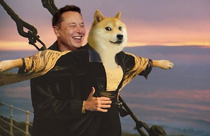 An edited image of Elon Musk recreating the famous "Titanic" pose, but instead of holding a woman, he is holding the Shiba Inu dog associated with the Dogecoin cryptocurrency, with a sunset ocean in the background.