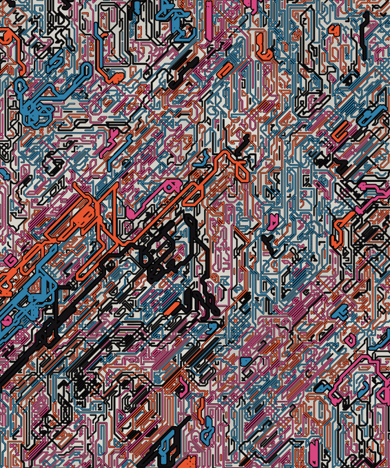 A dense, abstract graphic illustration composed of intricate circuit board-like lines and geometric shapes in vibrant shades of blue, pink, red, black, and white.
