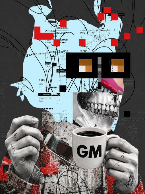 A glitch-art style collage featuring a figure holding a coffee mug labeled 'GM' (good morning), with a skull showing teeth, technical diagrams, and red geometric shapes creating an abstract composition.