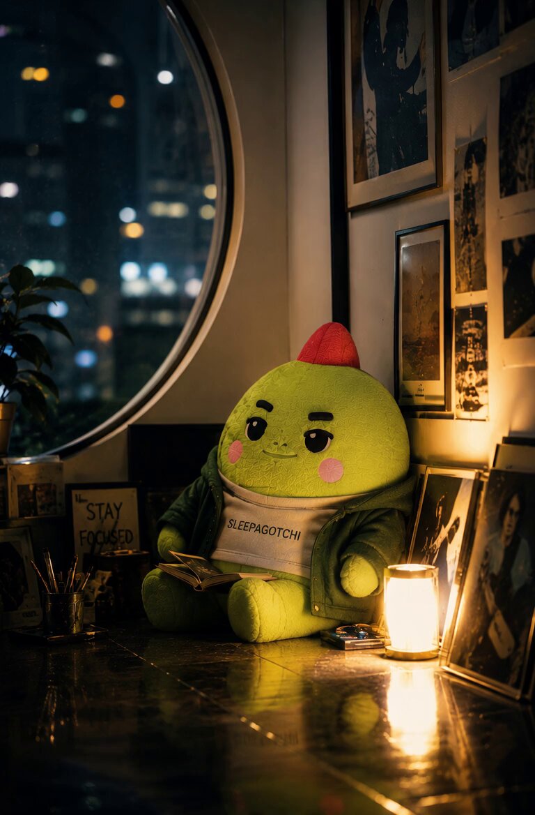 The image features a green stuffed animal sitting next to a white candle on a table or floor. The scene appears to be set at night with lights illuminating the area around the stuffed animal. There are several framed pictures hanging on the wall behind the stuffed animal, adding an artistic touch to the space. The post about the @sleepagotchi project seems unrelated and does not have any direct connection to the image or its content.