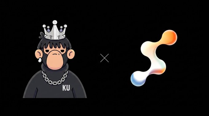 A cartoon monkey character wearing a silver crown and chain necklace with "KU" displayed on its black hoodie appears alongside an orange, white, and blue abstract logo, separated by an "X" symbol to denote a collaboration—visually representing the announced partnership between KUGGLE/UNTITLED and Select Foundation on Robinhood Chain for fair token launches.