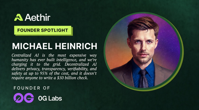 Founder spotlight graphic for Aethir featuring Michael Heinrich, Founder of 0G Labs, with a quote about decentralized AI being 95% cheaper than centralized AI.