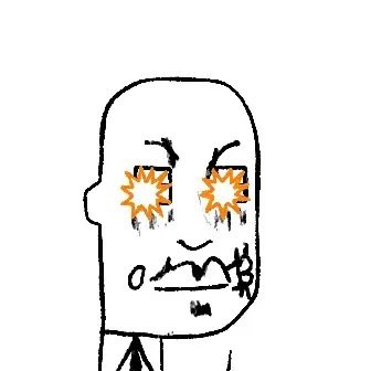 The image features a black and white drawing of a man's face with large orange eyes that appear to be glowing or radiating energy, giving him an intense and dramatic look. The man has a serious expression as he stares directly at the viewer. The background is plain white, which contrasts with the dark figure in the foreground, making it stand out even more. The image also contains text that reads "Imho OMB is the best on-chain PFP collection I’ve seen so far, aside from Punks (for the history) It's quite difficult, probs impossible, to ever surpass what OMB did on Bitcoin History will judge it appropriately beautifully imho".