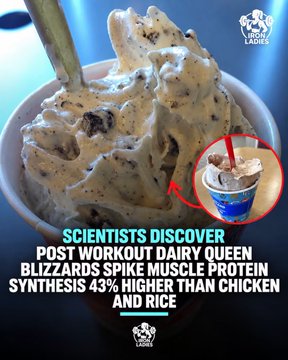 A graphic from 'The Foodie' claiming scientists discovered that post-workout dairy queen blizzards spike muscle protein synthesis 43% higher than chicken and rice.