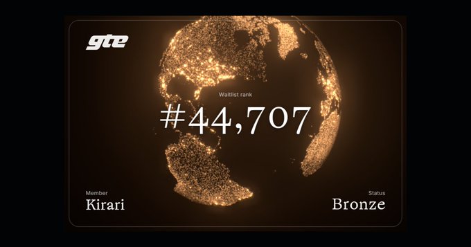 A GTE wallet rank display showing member 'Kirari' with a Bronze status and wallet rank #44,707, set against an illuminated globe graphic.