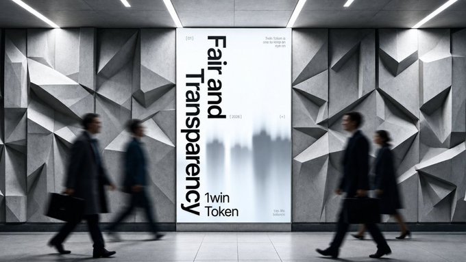 An architectural or promotional image features a textured gray geometric wall with people walking past blurred in motion, and a central panel reading 'Fair and Transparency, 1 win Token'.