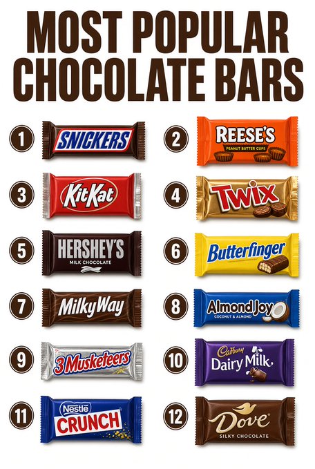 A chart titled 'MOST POPULAR CHOCOLATE BARS' displaying twelve ranked chocolate bar brands including Snickers, Reese's, KitKat, Twix, Hershey's, Butterfinger, MilkyWay, AlmondJoy, 3 Musketeers, Cadbury Dairy Milk, Nestle Crunch, and Dove.