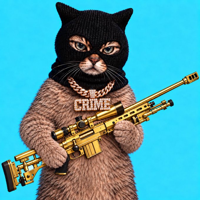 A stylized, humorous digital artwork of a serious-looking cat wearing a black knit balaclava with cat ears and a gold "CRIME" chain necklace, holding a large gold sniper rifle against a bright blue background.