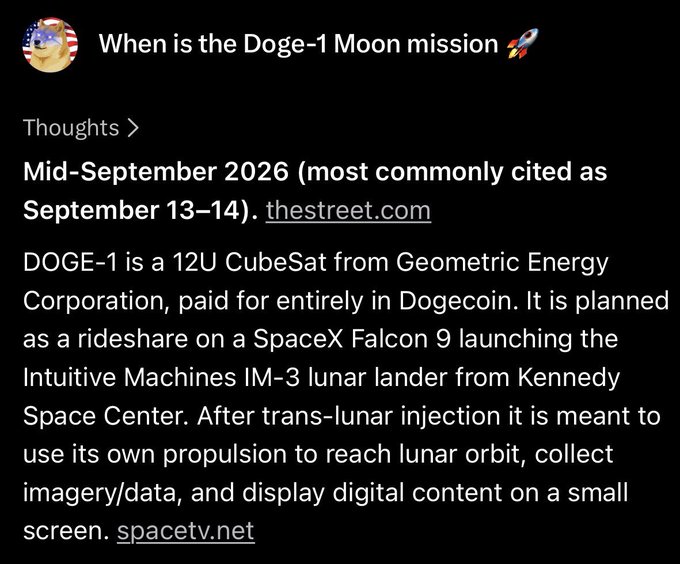A screenshot of a Grok AI response detailing the DOGE-1 Moon mission, stating it's scheduled for mid-September 2026 (commonly cited as September 13-14). The answer explains that DOGE-1 is a 12U CubeSat from Geometric Energy Corporation, fully paid for in Dogecoin, and will rideshare on a SpaceX Falcon 9 launching the Intuitive Machines IM-3 lunar lander from Kennedy Space Center.