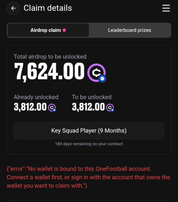 The image shows a OneFootball Claim Details screen displaying an airdrop of 7,624.00 OFC tokens for a "Key Squad Player (9 Months)" with 3,812.00 already unlocked and 3,812.00 remaining. However, an error message appears stating "No wallet is bound to this OneFootball account," suggesting the user needs to connect a wallet to claim their $OFC airdrop—a process that the post indicates was temporarily disrupted due to a vulnerability but is now being resolved for re-claim next week.